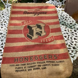 VTG BURLAP SEED FEED SACK BAG “HONEGGER’S” BIG H FEEDS FAIRBURY IL, ETC. 100 Lbs - Picture 1 of 11