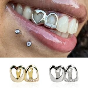 Gold Color Hip Hop Tooth Grillz Hollow Heart Dental Grillz Teeth Caps Women - Picture 1 of 22