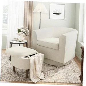 Sedia Imbottita Girevole A Barile Accento con Pouf, Moderna Set di 1 Beige-Nuova - Foto 1 di 7
