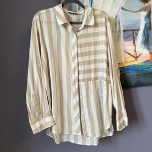 Karl Lagerfeld Sz M Ladies' Long Sleeve Blouse Beige/White Striped EXCELLENT - Picture 1 of 10