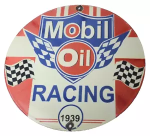 Vintage Mobil Racing Gasoline Sign - Gas Oil Pump Advertising Porcelain Sign - Picture 1 of 14