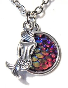 DAINTY SILVER MERMAID NECKLACE rainbow iridescent fish scales ocean pendant N4 - Picture 1 of 4
