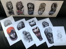 Tattoo Flash Set 14. A4 Size Bkack And Grey 10 Laminated Sheets With Line Work