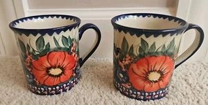 Unikat Polish Pottery 2 Mugs Boleslawiec Hand Painted Butterfly Bouquet - Picture 1 of 8