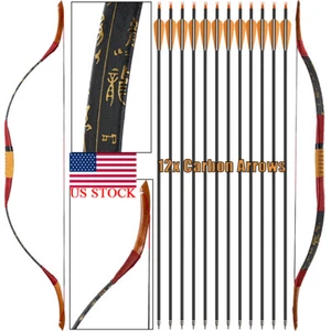 Archery 15-50lb Traditional Recurve Bow Mongolian Horse Bow Carbon Arrows Target - Picture 1 of 21