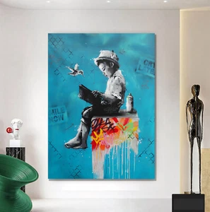FRAMED PRINT ON STRETCHED CANVAS BOY GRAFFITI STREET POP ART LIKE WALL BANKSY - Picture 1 of 6