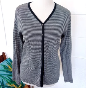 IZOD Club Womens Black & White Stripe VNeck Button Cardigan Sweater 100% Cotton - Picture 1 of 8