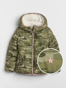 New GAP Kids Girls Cold Control Max Sherpa Green Camouflage Hooded Puffer 14 16 - Picture 1 of 5