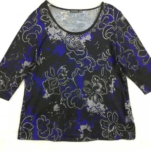 Notations Womens Top Sweater Blue Black Floral Jeweled Bling Stretch Knit XL - Picture 1 of 10