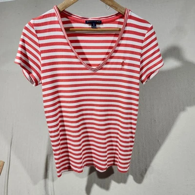 Camiseta Ralph Lauren Cuello en V Rayas Top Para Mujer Grande Roja Blanca Logo de Poni Foto 1 de 4