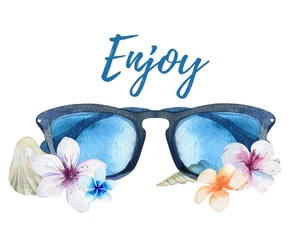 Enjoy Summer Sunglasses Wall Art Print 10x8  Beach Decor  Tropical Floral Poster - Picture 1 of 2