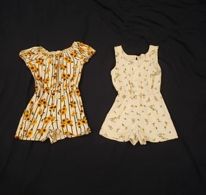 Lot Of 2 Girls Charming Floral Romper Sunflower Stripes Wildflower Size 7/8 8 - Picture 1 of 14
