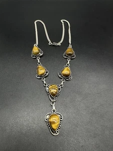 Vintage 925 Sterling Silver Tiger's Eye Link Bib Stone Chain Necklace 18 - Picture 1 of 11