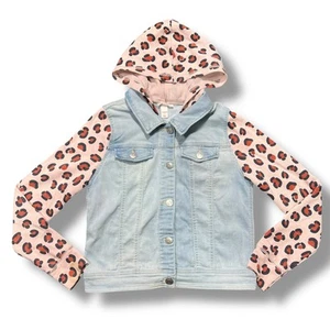 Cat & Jack Girls Denim Jean Jacket Hooded Long Sleeves Animal Print Hooded Large - Picture 1 of 8