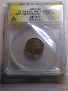 1857 FLYING EAGLE CENT, SNOW-8, FS-901, REVERSE CLASHED WITH SEATED QUARTER VF25 - Picture 1 of 6