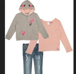 HUDSON Kids' 3-Piece Set, Roses (5, Grey/Pink) Hoodie, Shirt, Jeans - Picture 1 of 2