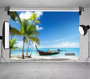 10x8 pies escena de playa de verano bote pequeño palmeras vinilo fondo foto - Imagen 1 de 11