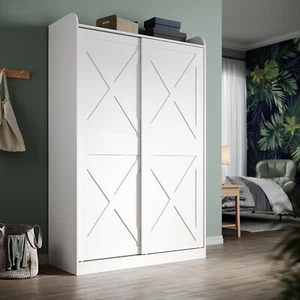 Bedroom 2 Sliding Door Wardrobe Matt White Storage Cupboard with 2 Hanging Rails - Picture 1 of 16