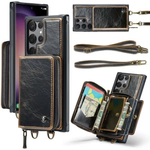 For Samsung Galaxy S21 S22 S23+Ultra Zipper Wallet Leather Two Straps Case Cover - Picture 1 of 62