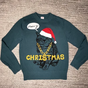 Mossimo Size S Sweater Unisex Athletic Fit Meow-y Christmas Long Sleeve Green - Picture 1 of 10