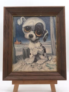 MCM BIG EYE Black & White Puppy "PITY PUPPY" Print w/Frame Nautical Beach Shells - Picture 1 of 10