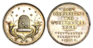 P258, Alemania, medalla de plata c1900, escuela primaria de Stuttgart, abeja, colmena - Imagen 1 de 4