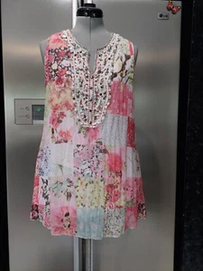 NEW TOGETHER 38 10 pink green white patchwork Print floral Embroidered tunic top - Picture 1 of 9