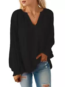 Womens Plus Size Tops V Neck Smocked Long Sleeve Casual Chiffon Blouse Shirts - Picture 1 of 12