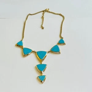 Vera Bradley VB Blue turquoise Necklace Triangle Statement Collar Gold Y-Drop - Picture 1 of 7