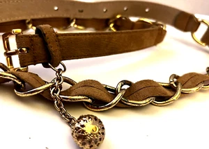 Women's Tan Suede Leather Belt Gold Tone Chain with Charm Size Medium - Picture 1 of 6