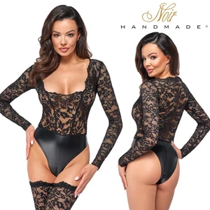 Black Lace Long Sleeve Bodysuit with Wet Look Bottom – Deep V Neck, Sleek Fit - Picture 1 of 9