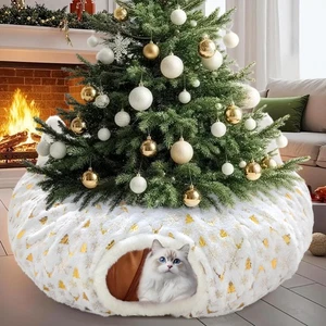 CORALMEE Cat Tunnel Christmas Tree Skirt, Cat Tunnel Bed with Hanging Toy Bal... - Picture 1 of 7