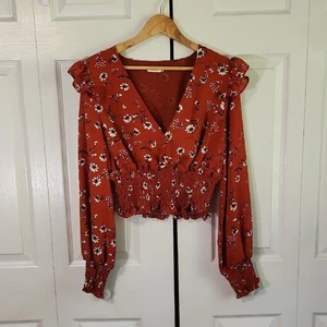 Essue Damen Bluse Burnt Orange Blumen Größe M Tiefer V-Ausschnitt Cropped Gesmokt - Bild 1 von 11