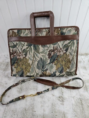 Vintage Floral Tapestry Briefcase Satchel Bag with Leather Trim & Shoulder Strap - Image 1 of 4