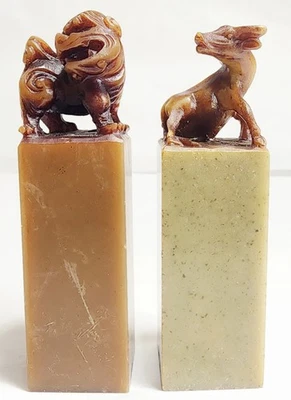 Dois bonecos chineses esculpidos em pedra-sabão Foo Dog e Water Buffalo Beast 3,25"  - Imagem 1 de 4