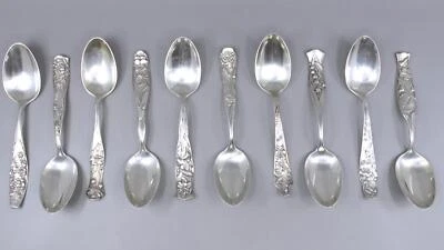 FLORA by SHIEBLER Sterling Silver Set of 10 Multimotif Teaspoons Monogram "S" - Image 1 of 4