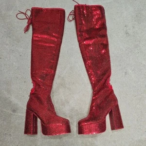 Koi Creatures Of The Night Long Boots Red Sequin UK Size 9 TOR - Picture 1 of 12