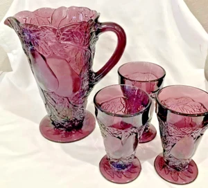Tiara Indiana Glass Amethyst Sweet Pear Avocado SET Pitcher & 3 Tumblers - Picture 1 of 3