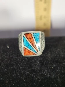Vintage “Casting On Parade”Southwestern Turquoise Inlay Men’s Ring-Pewter/Signed - Picture 1 of 8