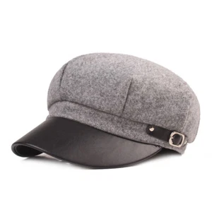 Women Military Navy Army Cadet Hat Faux Leather Woolen Baseball Hats Flat Cap  - Picture 1 of 13