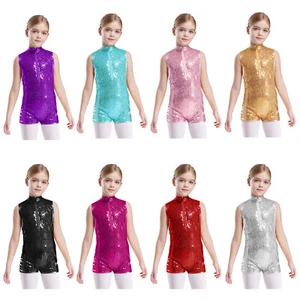 Girls Sequins Sleeveless Short Jumpsuit Ballet Dance Biketard Unitard Gymnastics - Picture 1 of 60