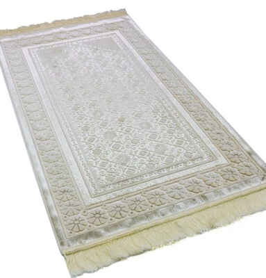 Modefa Luxury Velvet Prayer Rug Janamaz Sajadah Floral Stamp Luxury Ivory - Image 1 of 4