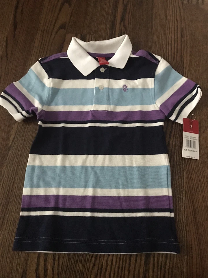 NUEVO Top Izod Boys a Rayas Manga Corta Cuello - Talla 4 - Azul/Púrpura Foto 1 de 1