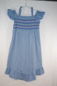 Girls BLUE OFF SHOULDER DRESS Smock Top PINK YELLOW STITCH Ruffle XL 14-16 PLUS - Picture 1 of 2