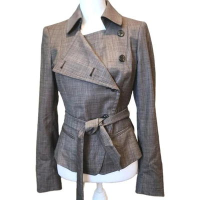 Chaqueta Blazer Max Mara Mujer Talla 8 Marrón Cuadros Lana Seda Cinturón Hecho en Italia Foto 1 de 4