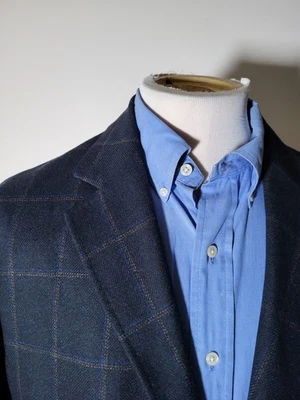 Casaco esportivo 42R ombro macio preto azul janela xadrez jaqueta flanela blazer - Imagem 1 de 4
