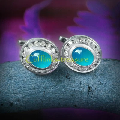 Gemelos de plata de ley 925 con piedras preciosas de calcedonia natural y circonita cúbica #848 Foto 1 de 4