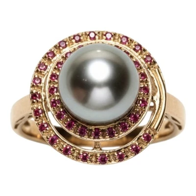 10mm Tahitian Sea Exquisite Peacock Gray 35 pcs Real Rubies Cultured Pearl Ring - Image 1 of 4