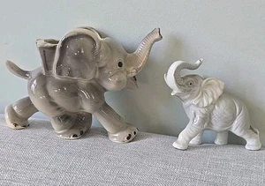 Juego de 2 jardineras y estatuillas de porcelana grises de elefantes de 8" × 5,5" - Imagen 1 de 10