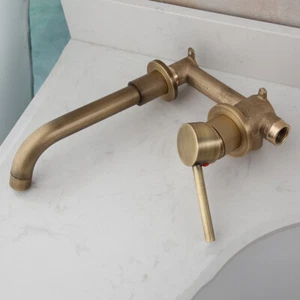 2PCS Bathroom Faucet Antique Brass Single Handle Basin Mixer Wall Mount Tub Tap - Picture 1 of 9